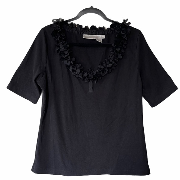 Soft Surroundings Ribbed T Shirt Ruffled Scoop Collar Black Womens Size XL - Picture 1 of 4